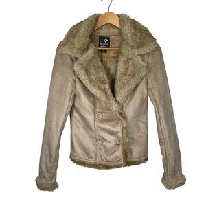 Full Tilt Women's Faux Suede Tan Coat Jacket Faux Fur Lined Trim Winter Warm